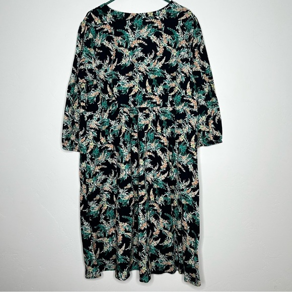 J. Jill Floral 100% Cotton Midi Dress 3/4 Sleeves V Neck Navy Green Peach Yellow - Picture 2 of 12